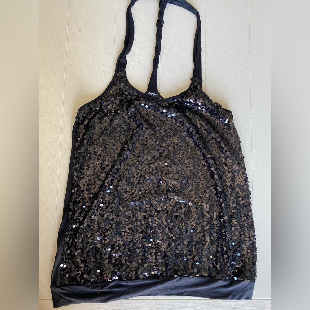 Express black sequins halter top